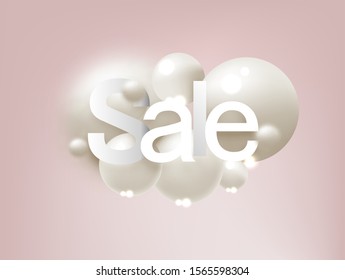 Pink background with white balls, blur effect and sale text. Geometric design elements circle ball pattern. Flying figures in empty space.