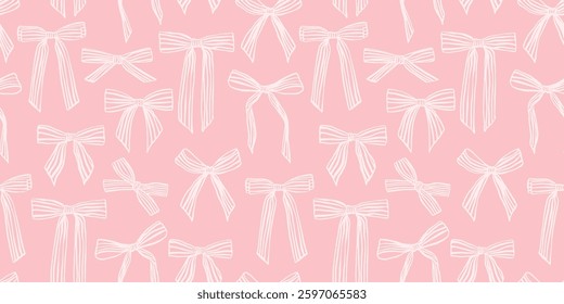 Pink Background with White Bows. Cute Seamless Vector Pattern