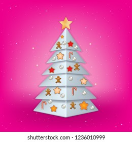 pink background with white Christmas tree and decorations