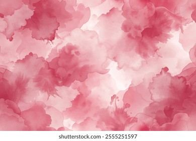 A pink background with white clouds and red splatters. The splatters are of different sizes and shapes, creating a sense of movement and energy. Scene is playful and whimsical, with the pink