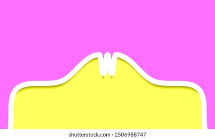 Fondo rosado con líneas blancas del borde en el fondo amarillo pastel. Picos amarillos vibrantes en rosa. Minimalista Fondo amarillo. Plantilla de Anuncio de diseño geométrico moderno. Arcos estilizados en rosa 
