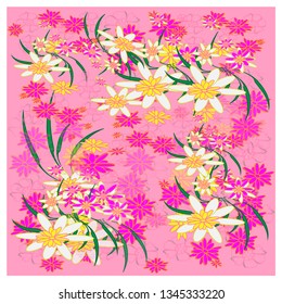 Pink background white flowers green leaves pattern design.Vector illustration.