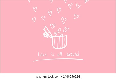Pink background with white gift box and heart shape and the text ‘love is all around’