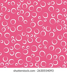 Fondo rosa con círculos de polka dibujados a mano blancos. Patrón de Vector de estilo de burbuja sin costuras para proyectos de moda, papelería y diseño digital de moda.