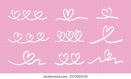 Pink background with white heart doodles. Heart doodles in various styles. Simple heart on pink. Cute  for design. Love-themed heart doodles. Cute Valentine's Day elements, vector