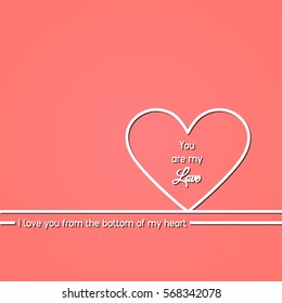 Pink background with white heart, white stripe, lettering, and a declaration of love. Romantic pattern. Valentine Greeting Card with the word you are my love. Happy Valentine's day.