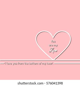 Pink background with white heart, white stripe, lettering, and a declaration of love. Romantic pattern. Valentine Greeting Card with the word you are my love. Happy Valentine's day.
