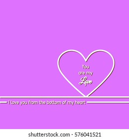 Pink background with white heart, white stripe, lettering, and a declaration of love. Romantic pattern. Valentine Greeting Card with the word you are my love. Happy Valentine's day.
