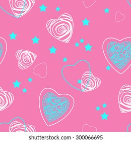  pink background with white hearts, blue hearts and  blue stars