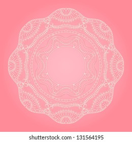 pink background with white lace round