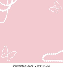 Pink background with white pearls border and butterfly drawing graphic vector illustration for banner, card and social media post