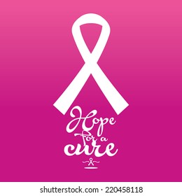 a pink background with white text and the breast cancer symbol