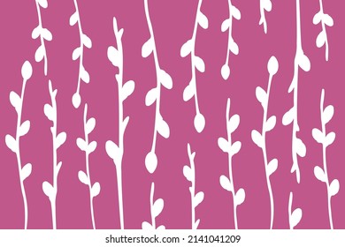 Pink background with white willow contours. vector illustration