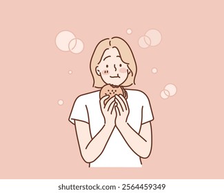 pink background woman with hamburger enjoyment smile. Hand drawn style vector design illustrations.