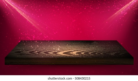 Fundo rosa com prateleira de madeira e retroiluminação. Ilustração vetorial.
