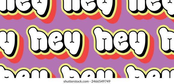 A pink background with word 'hey' pattern in typographic style