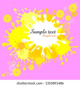 Pink background with Yellow blots and lemon. Vector Illustration