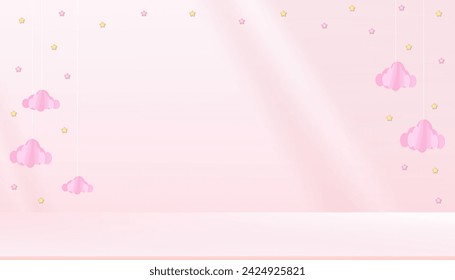 Pink Background,Baby boy shower card,Studio wall room with stars and clouds on Pink sky,Vector illustration Minimal Backdrop Cute paper art with copy space for baby's girl photos