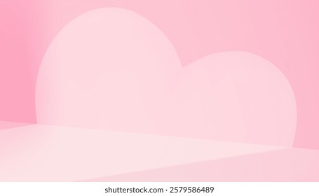 Pink background,Love heart shape on wall studio room with spotlights, abstract shadow on podium 3d for Valentines product presentation,Backdrop Display mock up stage stand show for Mothers day card 