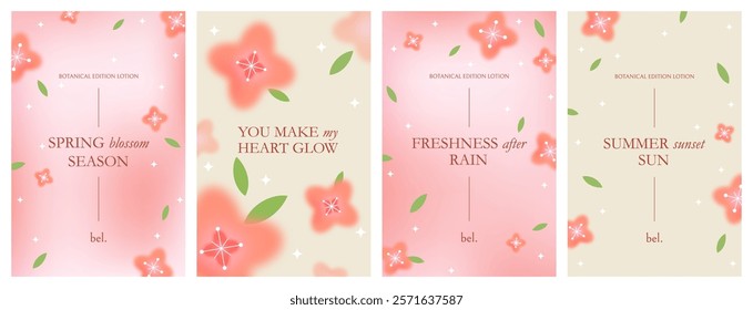 Pink Backgrounds with Flowers and Gradients. Vector Minimal Spring Poster with Blur Sakura Flowers. A Card Design Template for Spring Sale, Mother's Day, March 8th and Romantic Valentine's Day Banners