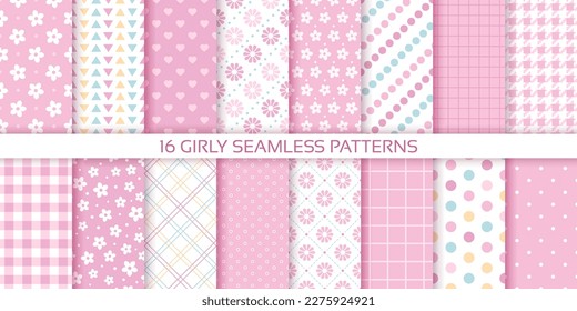 Pink backgrounds. Scrapbook seamless pattern. Set baby girl prints. Baby shower packing paper with polka dot, flowers, hearts and plaid. Cute pastel textures for scrap design. Vector illustration