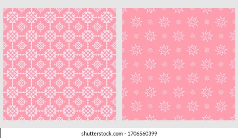 Pink backgrounds. Two templates for your design. Vector seamless patterns. Retro style. Wallpaper texture. Colors in the image: pink, white.