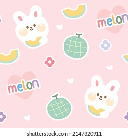 Pink background.Seamless pattern of cute rabbit face eat melon.Animal character cartoon.Summer fruit.Kawaii.Vector.Illustration.