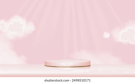 Rosa Hintergrund, Studio-Zimmer mit 3D-Zylinder-Prodium-Display für Produkt vorhanden, Vektorgrafik Hintergrund minimale Szene mit Licht auf rosa Wand und Boden. Vorbild für Kosmetik, Spa 