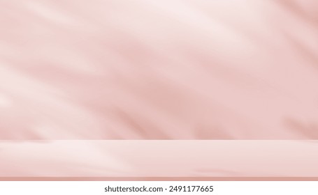 Pink Background,Studio Room with gradient light, shadow leaves on wall and floor for Winter product presentation,Vector Autumn banner,Empty Platform Podium Display template for Cosmetic, Jewelry stand