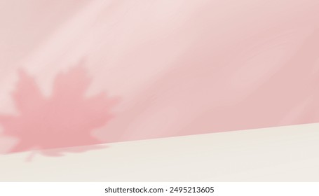 Pink Background,Studio Room with Maple Shadow Leaf shadow on Beige floor for Autumn Product Present,Empty Backdrop with Podium Display Stand and Abstract Natural light for Fall Season Concept