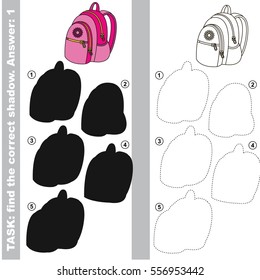 Pink Backpack with different shadows to find the correct one, compare and connect object with it true shadow, the educational kid game with simple level of difficulty.