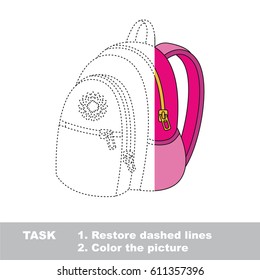 Pink Backpack. Dot to dot educational game for kids, task is to trace and color the colorless half.