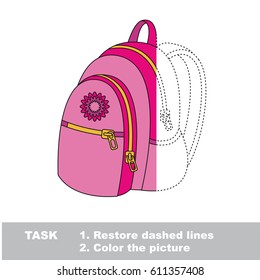 Pink Backpack. Dot to dot educational game for kids, task is to trace and color the colorless half.