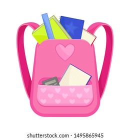 Pink backpack with hearts. Vector illustration on a white background.