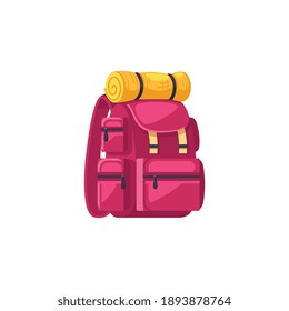 rosafarbener Rucksack mit gelbem Schlafsack auf weißem Hintergrund, Cartoon, Vektorgrafik