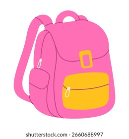Uma mochila rosa com acabamento amarelo. A mochila está sentada sobre um fundo branco. A mochila é projetada para parecer bonito e divertido