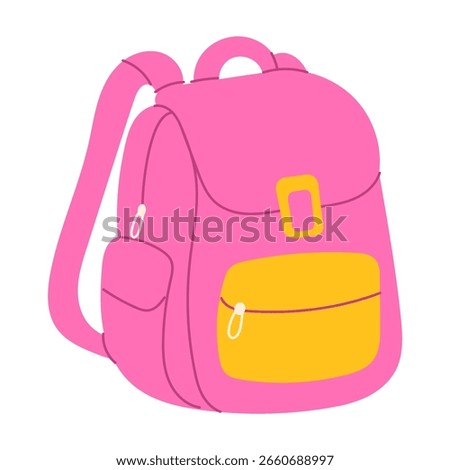 A pink backpack with yellow trim. The backpack is sitting on a white background. The backpack is designed to look cute and playful
