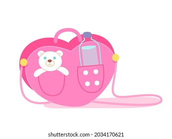 Pink bag with bottle of water for sports or yoga vector illustration. Cartoon kids teddy bear toy in girlish handbag pocket, water bottle for sport training of cute girl in gym isolated on white