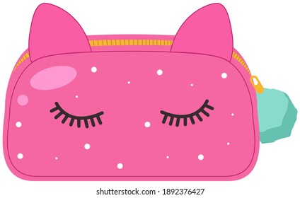 A pink bag for cosmetics with make up concept. Container for storage of cosmetic products. Cute funny beautician with ears and eyes and a womens makeup supplies isolated on white background