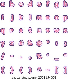 Pink bag letters with purple letter borders lowercase alphabet and symbols such as parentheses