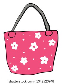 Pink bag with white flowers and grey handle vector illustration on white background 