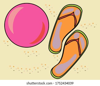 Pink ball and beach shoes on yellow sand. Vector illustration