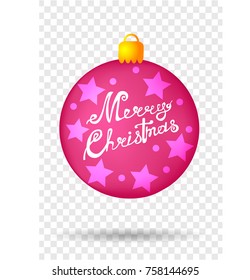 Pink ball Christmas tree decoration, merry Christmas, lettering vector illustration on a transparent background