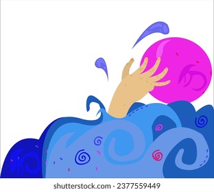 A pink ball and a hand of a drowning person, who tries to catch a ball; a sea vintage background. This illustration can be used as an image for warning materials in swimming clubs. Vector, isolated.