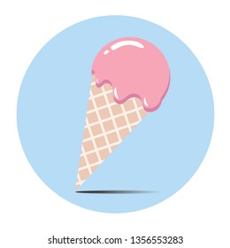 Pink ball of ice cream in the waffle cone. Decoration for menus, signboards, showcases, prints for clothes, posters, wallpapers, icon vector illustrator design isolated on blue background.