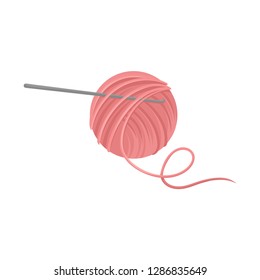 Pink ball of wool yarn with metal crochet hook. Tools for handicraft. Hobby theme. Flat vector icon