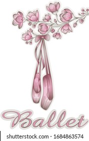 Pink ballerina Pointe shoes hanging on a branch of cherry blossoms.
Design for a postcard, poster, or banner. Illustration in the style of an engraving with an inscription.
Stock vector.