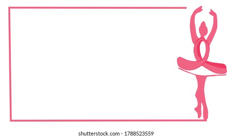 pink ballerina rectangle border, body made with breast cancer prevention symbol, isolated on white background, vector illustration