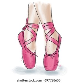 Pink ballerina shoes. Ballet pointe shoes with ribbon. Hand drawn art work isolated on white background.