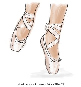 Pink ballerina shoes. Ballet pointe shoes with ribbon. Hand drawn art work isolated on white background.